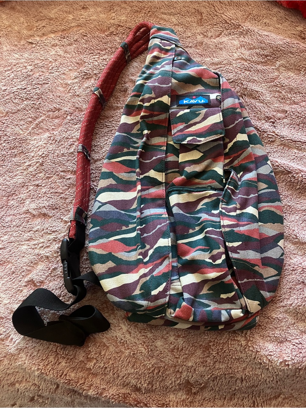 Kavu Camo Sling Crossbody Bag with Red Strap